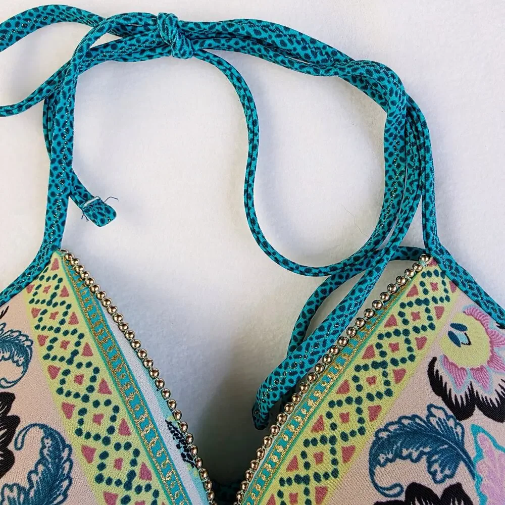 Shade & Shore Padded Bikini Top 34B Teal Paisley Tassel Underwire Boho Swim